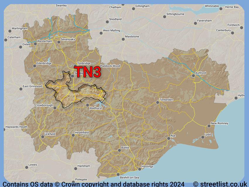 Where the TN3 postcode district lies within the wider  postcode area