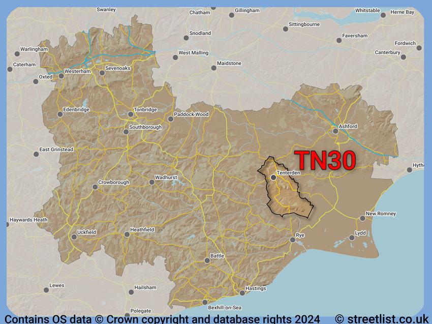 Where the TN30 postcode district lies within the wider  postcode area