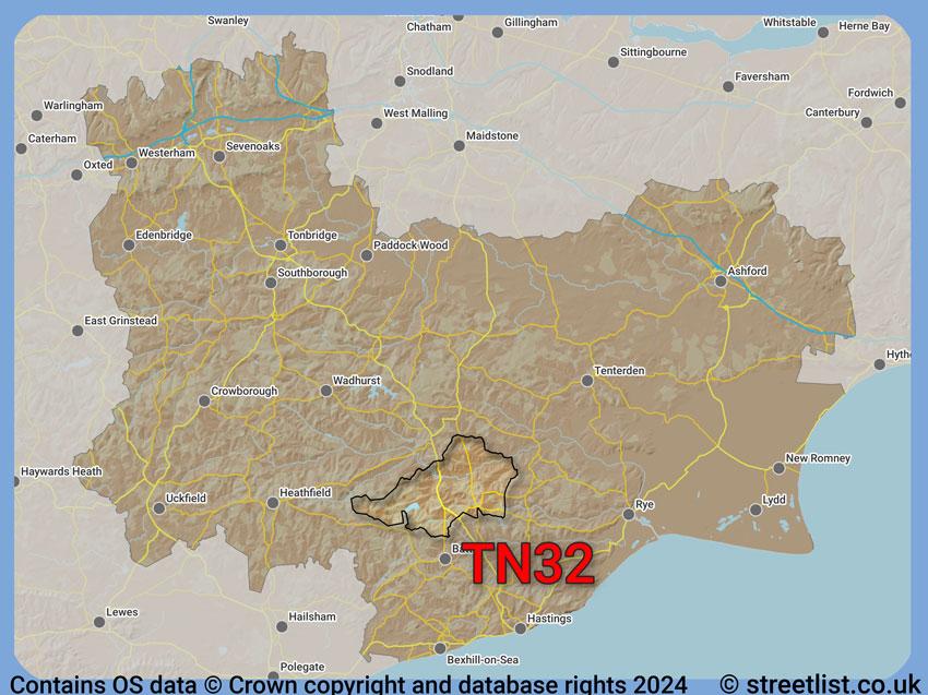 Where the TN32 postcode district lies within the wider  postcode area