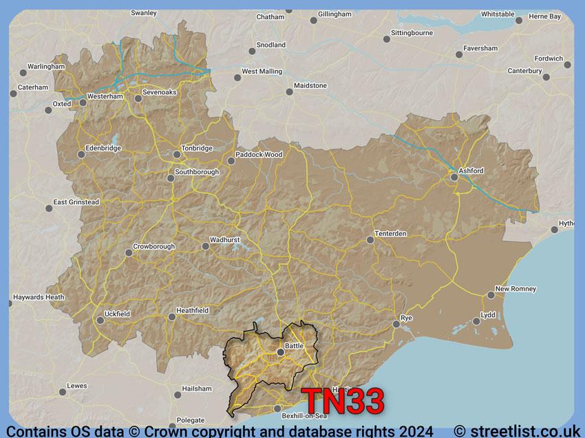 Where the TN33 postcode district lies within the wider  postcode area