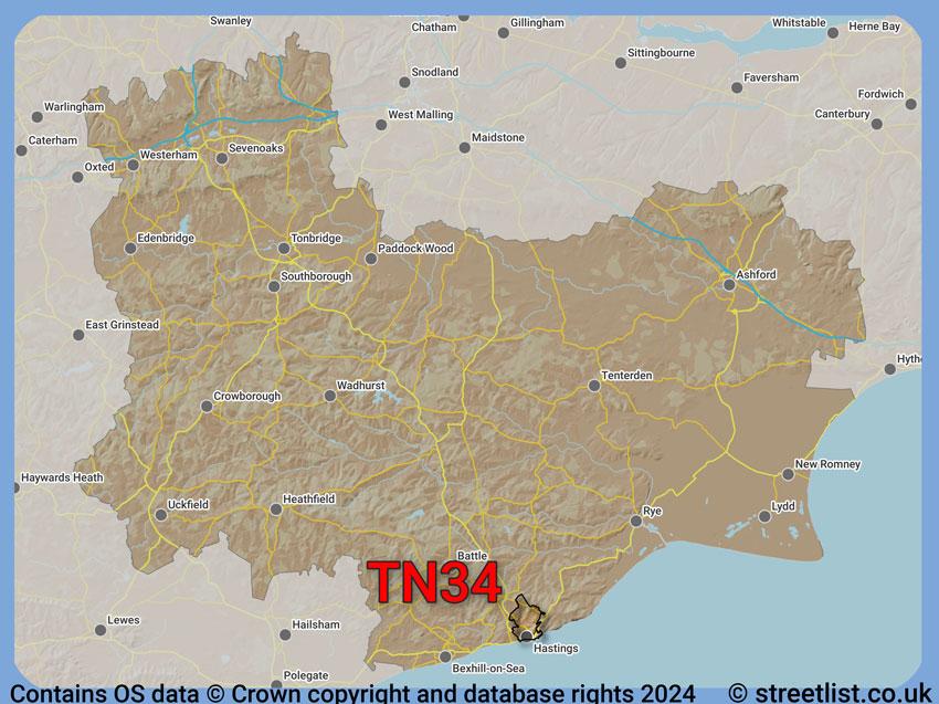 Where the TN34 postcode district lies within the wider  postcode area