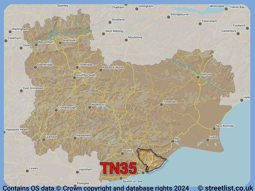 Where the TN35 postcode district lies within the wider  postcode area