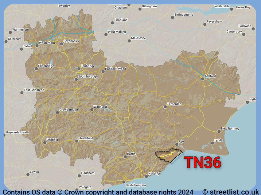 Where the TN36 postcode district lies within the wider  postcode area