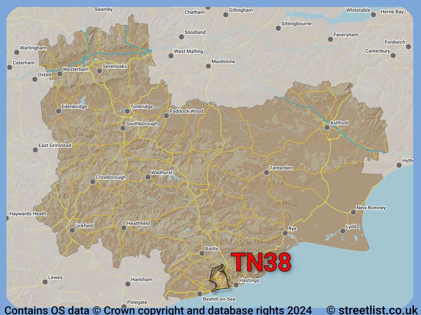 Where the TN38 postcode district lies within the wider  postcode area