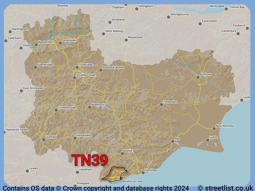 Where the TN39 postcode district lies within the wider  postcode area