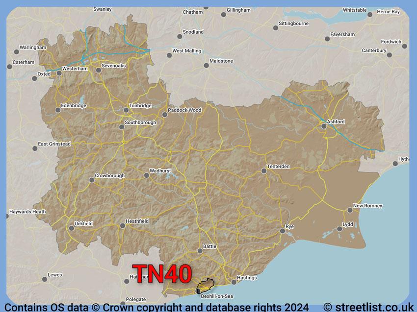 Where the TN40 postcode district lies within the wider  postcode area