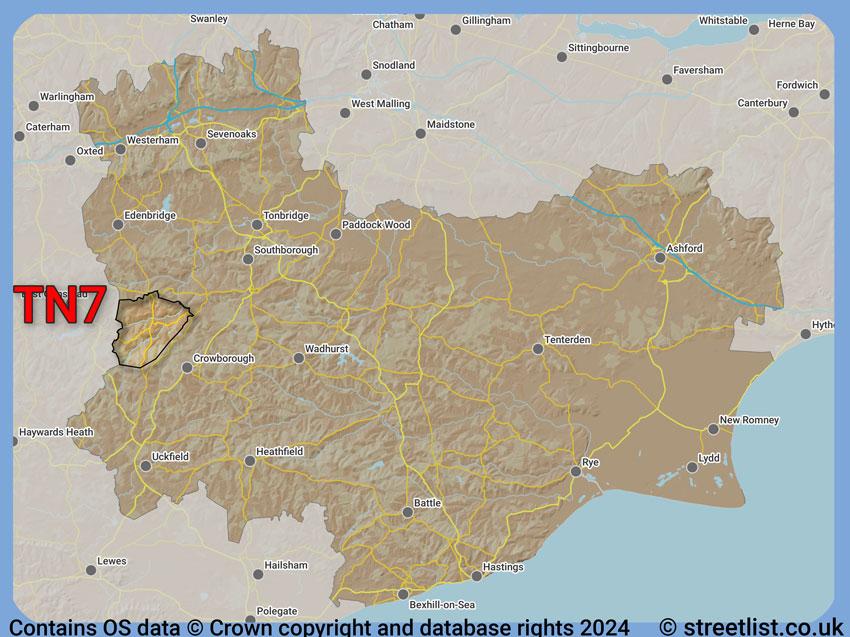 Where the TN7 postcode district lies within the wider  postcode area