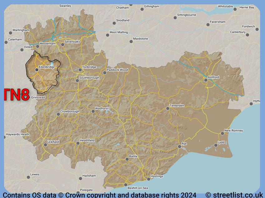 Where the TN8 postcode district lies within the wider  postcode area