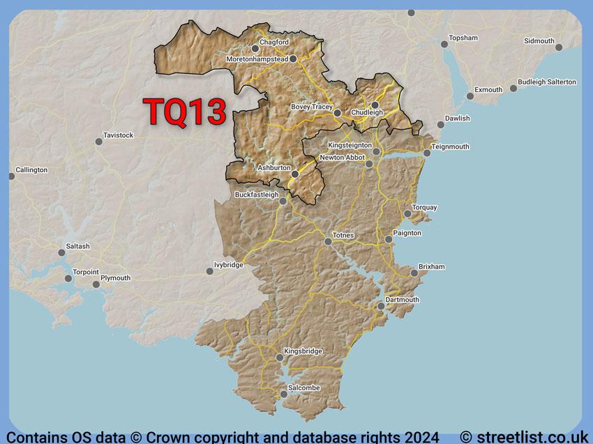 Where the TQ13 postcode district lies within the wider  postcode area