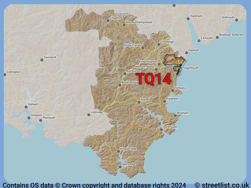 Where the TQ14 postcode district lies within the wider  postcode area