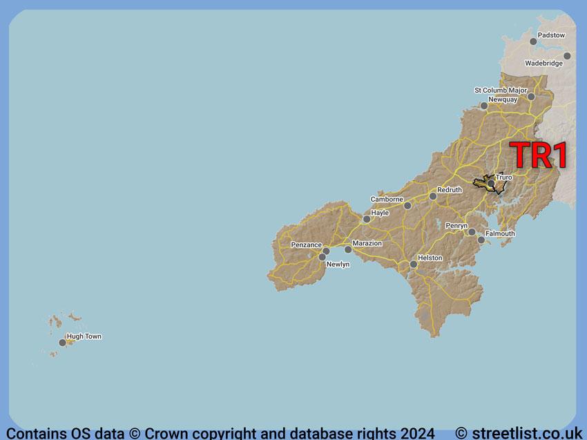 Where the TR1 postcode district lies within the wider  postcode area