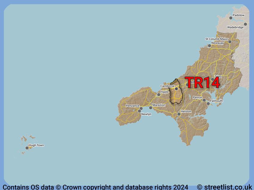 Where the TR14 postcode district lies within the wider  postcode area