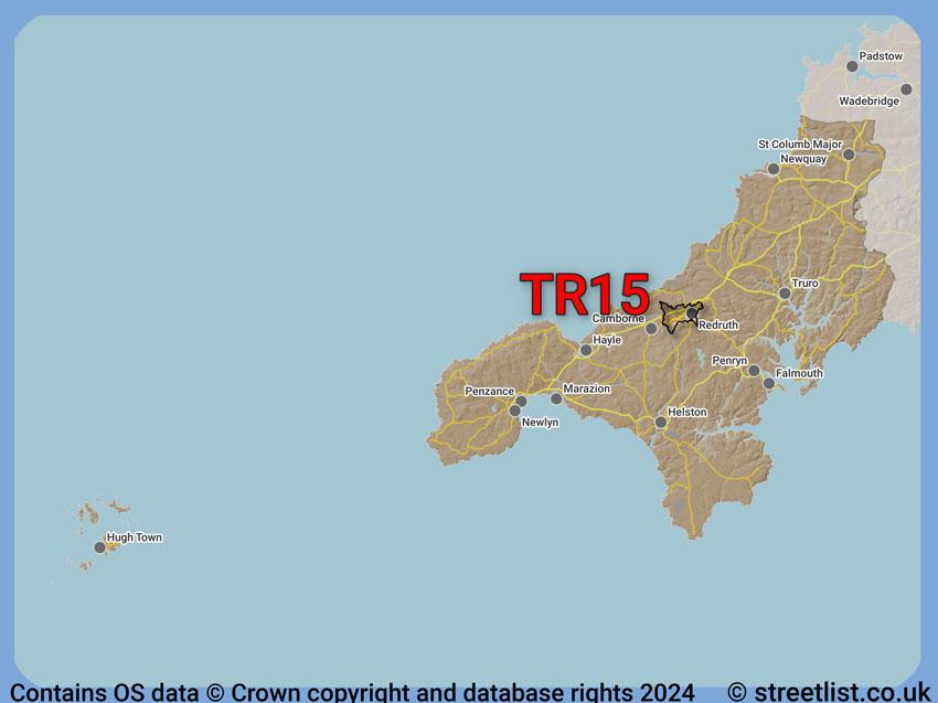 Where the TR15 postcode district lies within the wider  postcode area