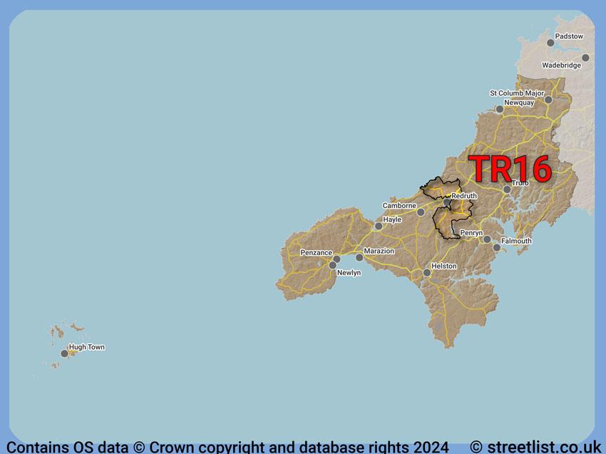 Where the TR16 postcode district lies within the wider  postcode area