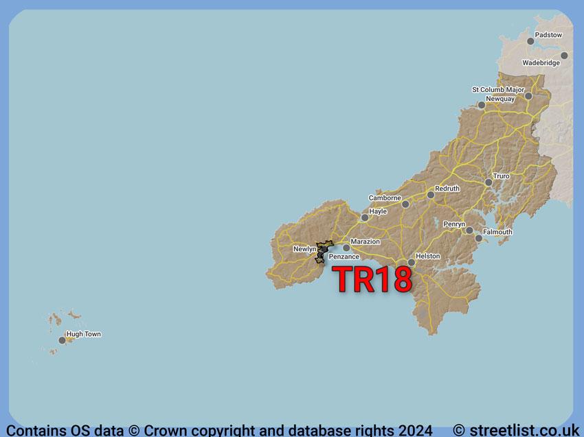 Where the TR18 postcode district lies within the wider  postcode area