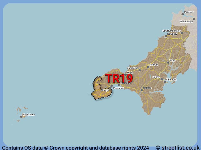 Where the TR19 postcode district lies within the wider  postcode area