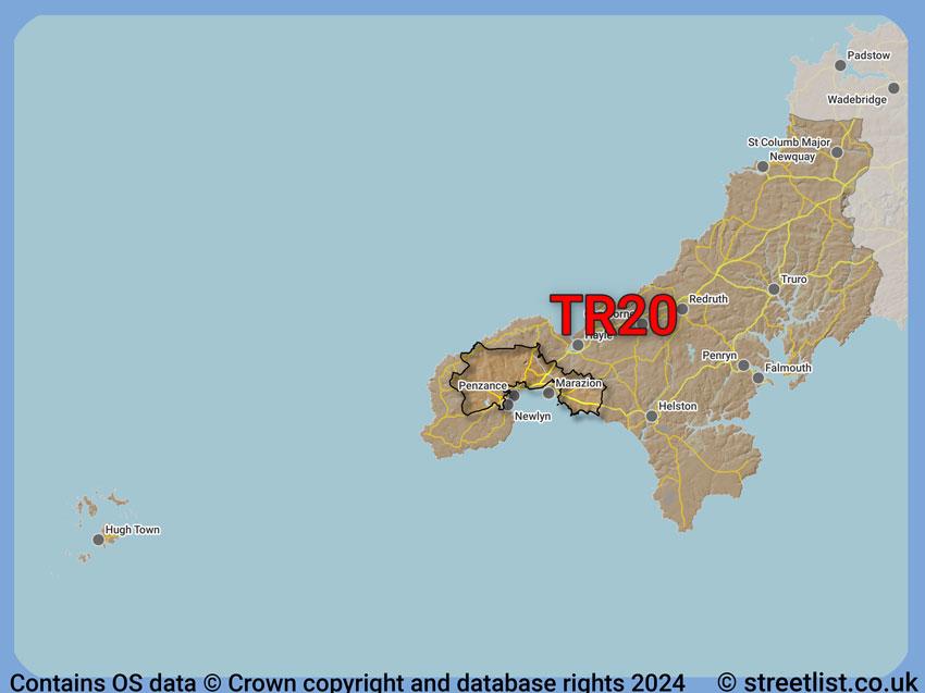 Where the TR20 postcode district lies within the wider  postcode area