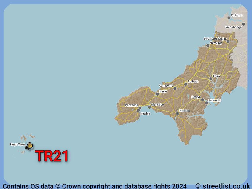 Where the TR21 postcode district lies within the wider  postcode area