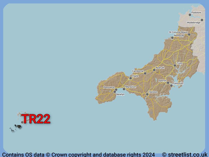 Where the TR22 postcode district lies within the wider  postcode area