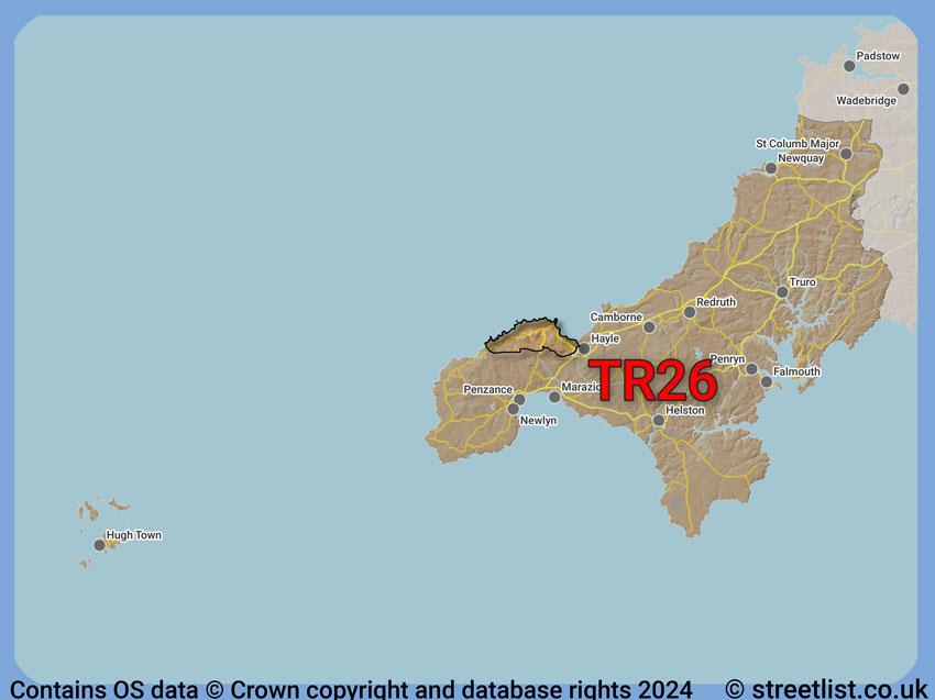 Where the TR26 postcode district lies within the wider  postcode area