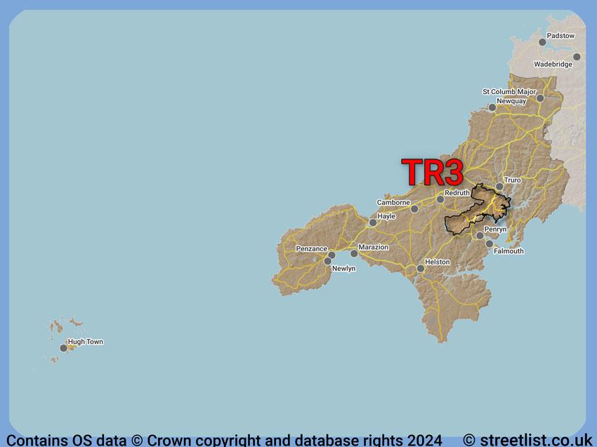 Where the TR3 postcode district lies within the wider  postcode area