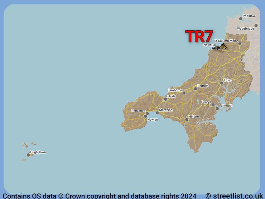 Where the TR7 postcode district lies within the wider  postcode area