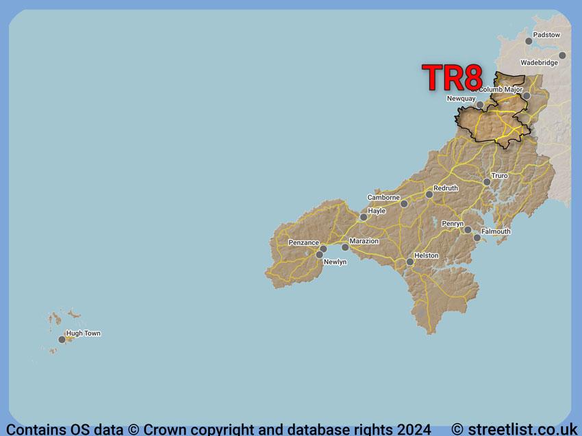 Where the TR8 postcode district lies within the wider  postcode area