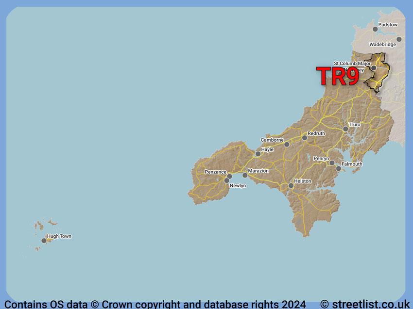 Where the TR9 postcode district lies within the wider  postcode area