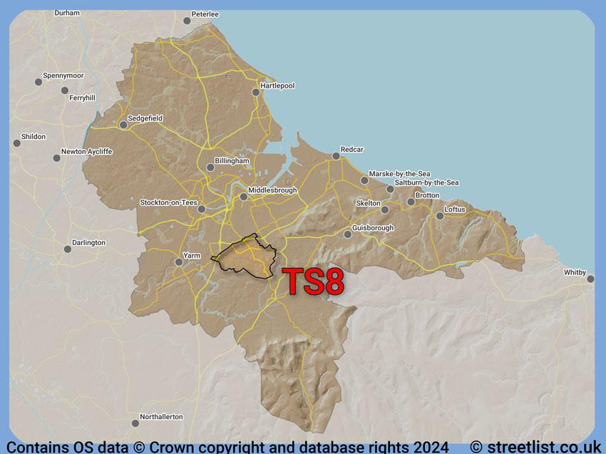 Where the TS8 postcode district lies within the wider  postcode area