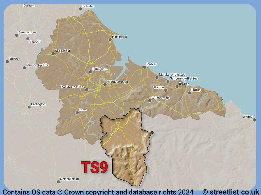 Where the TS9 postcode district lies within the wider  postcode area