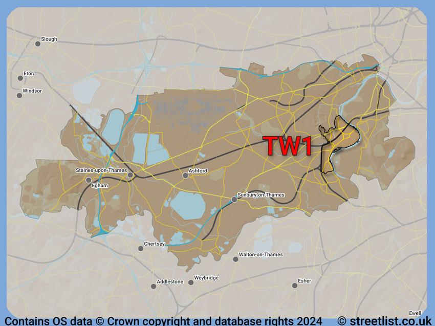 Where the TW1 postcode district lies within the wider  postcode area