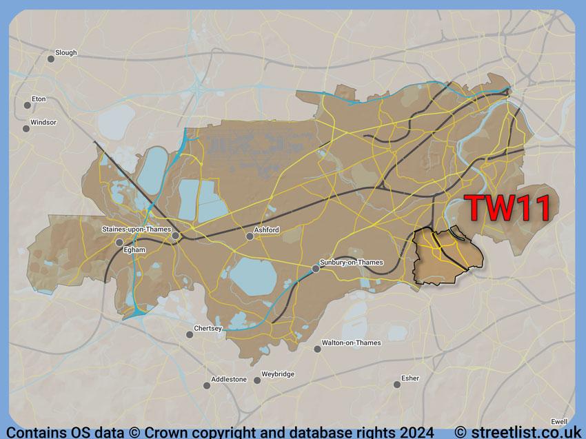 Where the TW11 postcode district lies within the wider  postcode area