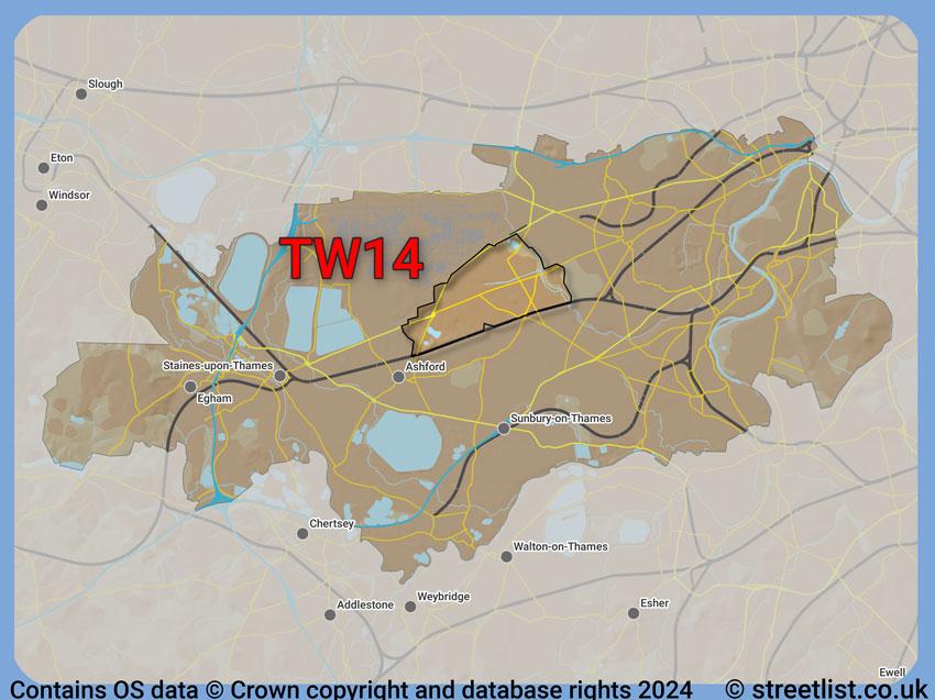 Where the TW14 postcode district lies within the wider  postcode area