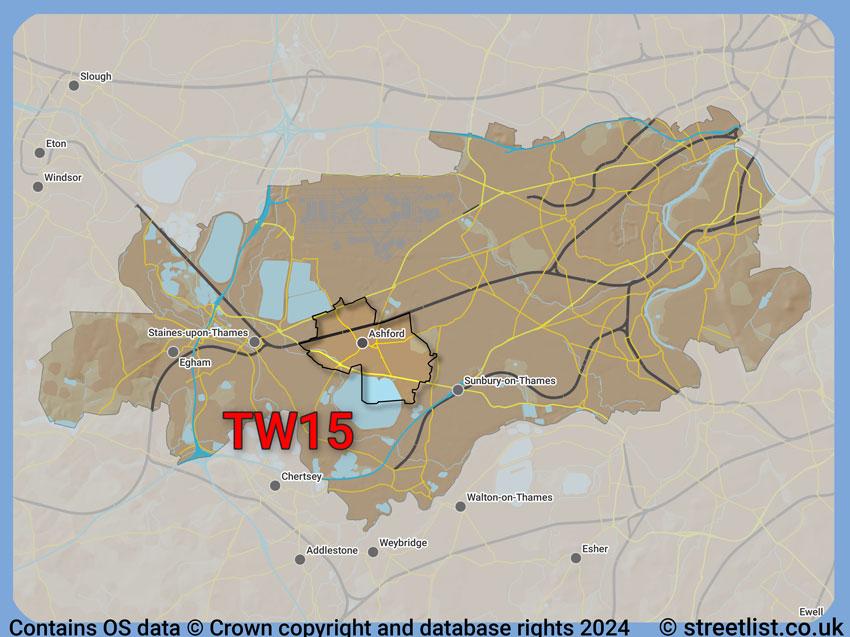 Where the TW15 postcode district lies within the wider  postcode area