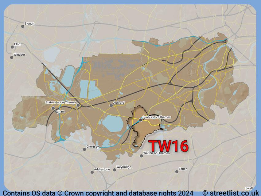 Where the TW16 postcode district lies within the wider  postcode area