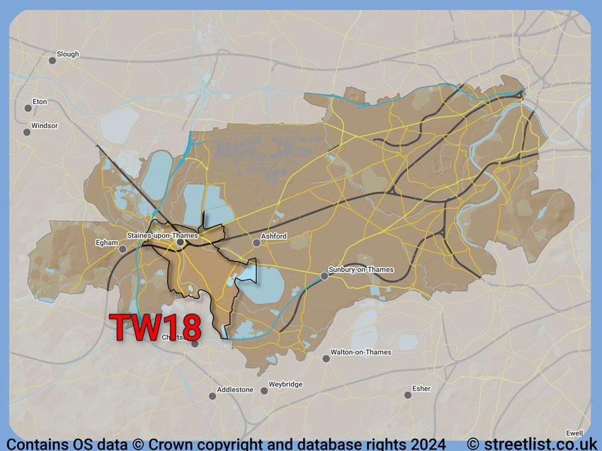 Where the TW18 postcode district lies within the wider  postcode area