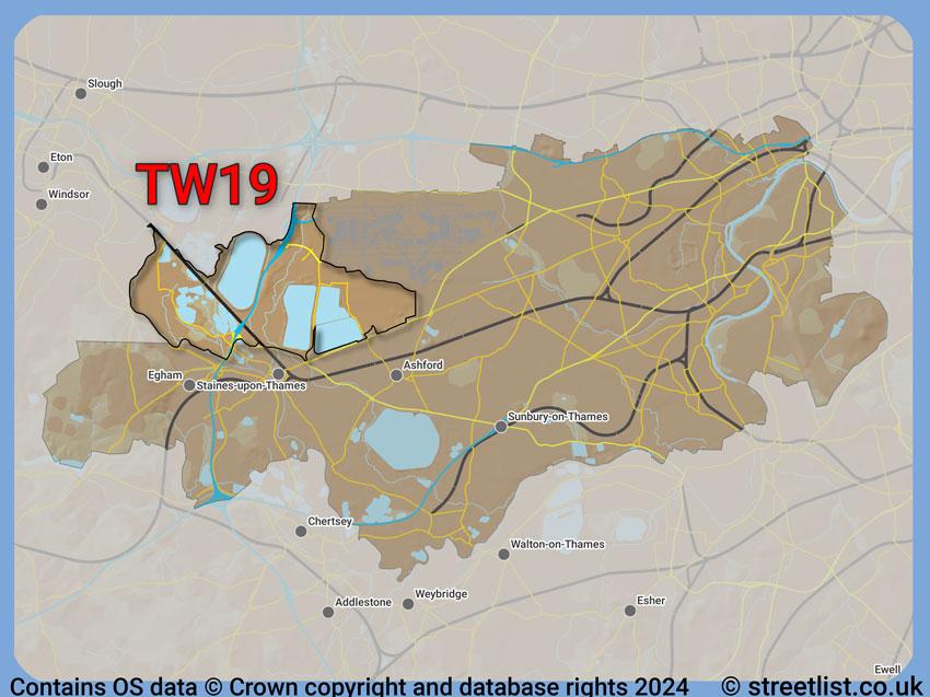 Where the TW19 postcode district lies within the wider  postcode area