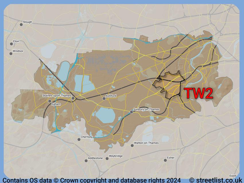 Where the TW2 postcode district lies within the wider  postcode area