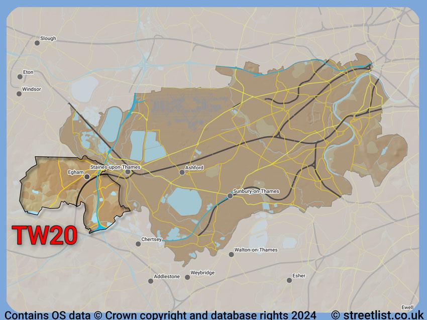 Where the TW20 postcode district lies within the wider  postcode area