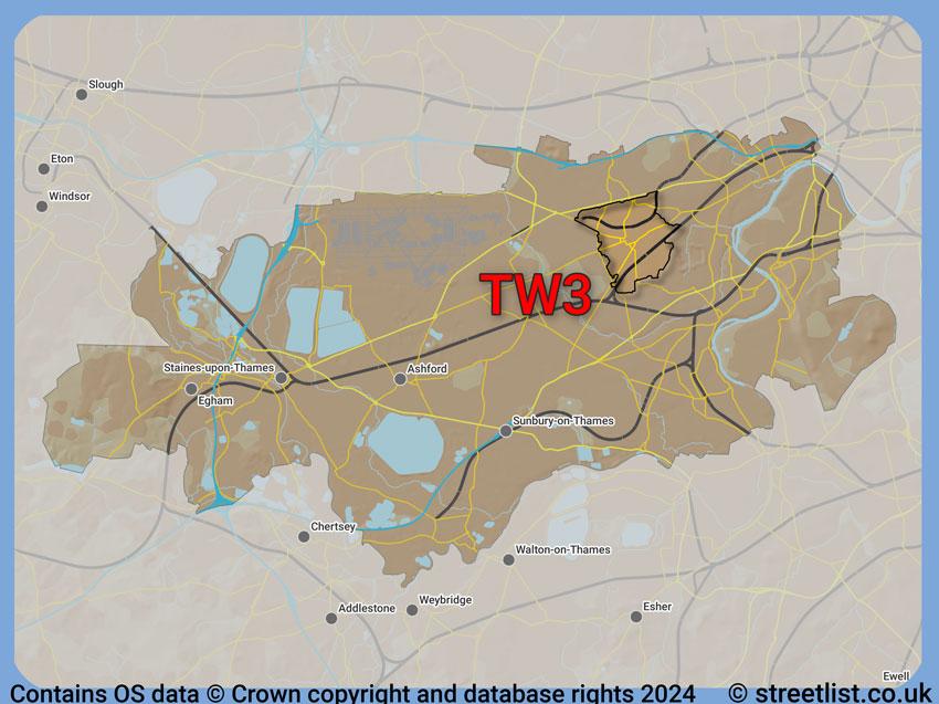 Where the TW3 postcode district lies within the wider  postcode area