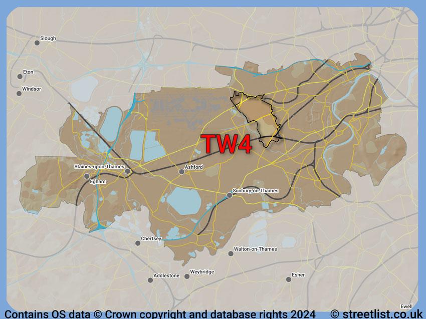 Where the TW4 postcode district lies within the wider  postcode area