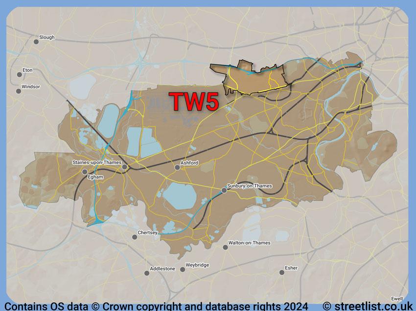 Where the TW5 postcode district lies within the wider  postcode area