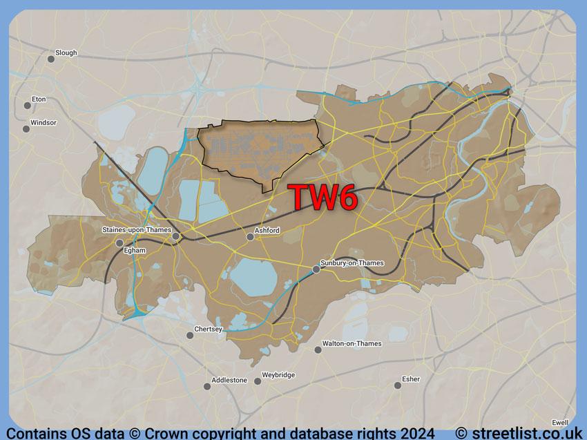 Where the TW6 postcode district lies within the wider  postcode area