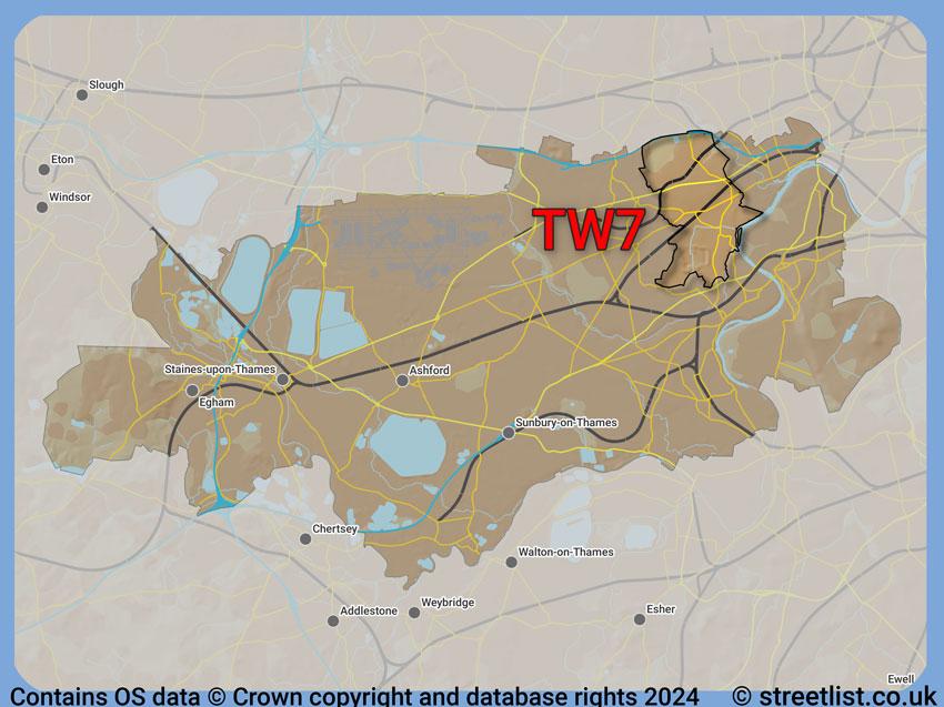 Where the TW7 postcode district lies within the wider  postcode area