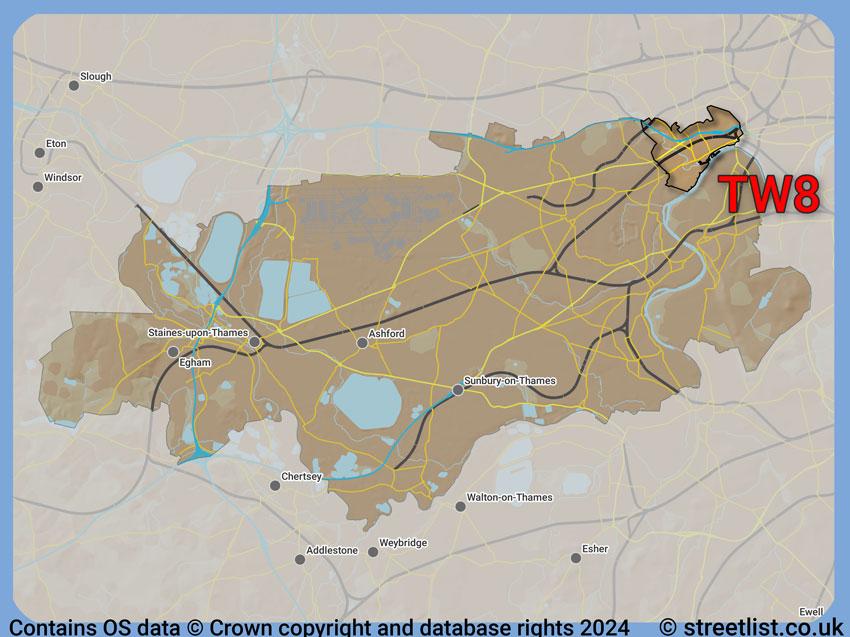 Where the TW8 postcode district lies within the wider  postcode area