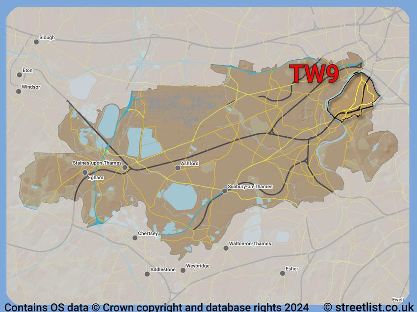 Where the TW9 postcode district lies within the wider  postcode area