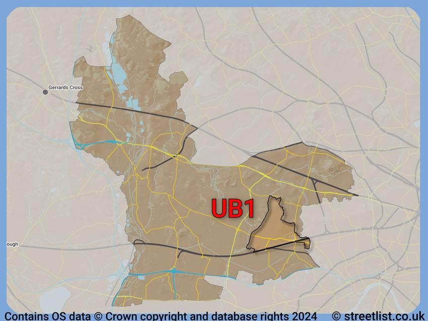 Where the UB1 postcode district lies within the wider  postcode area