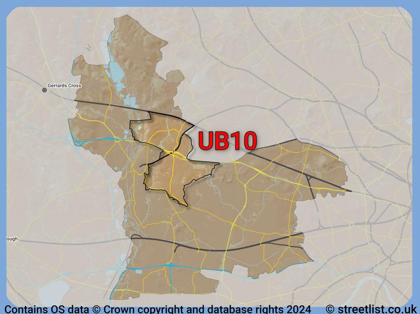 Where the UB10 postcode district lies within the wider  postcode area