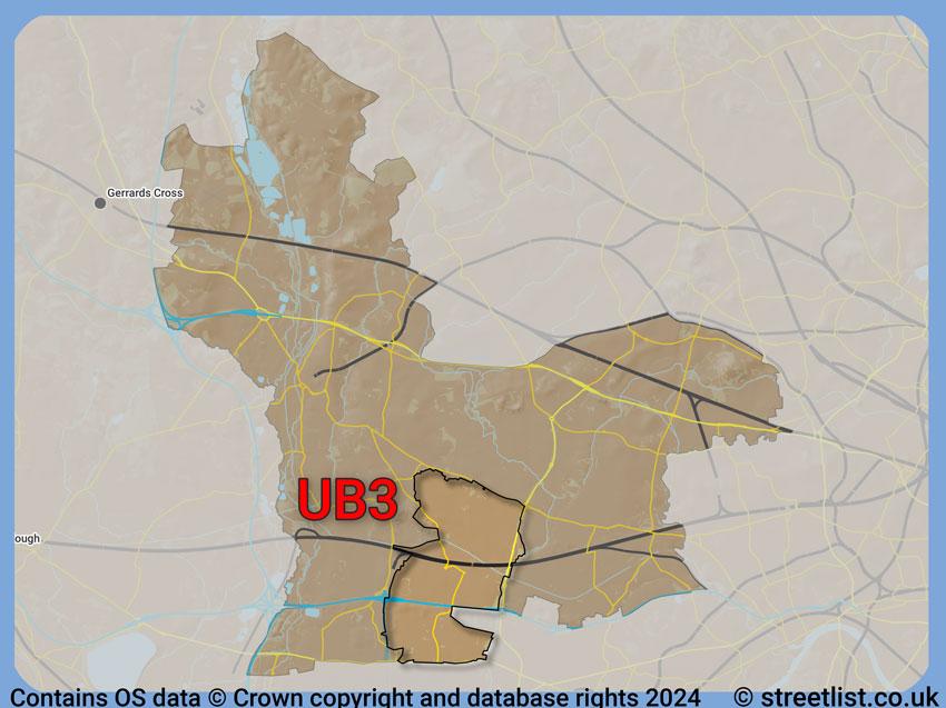 Where the UB3 postcode district lies within the wider  postcode area