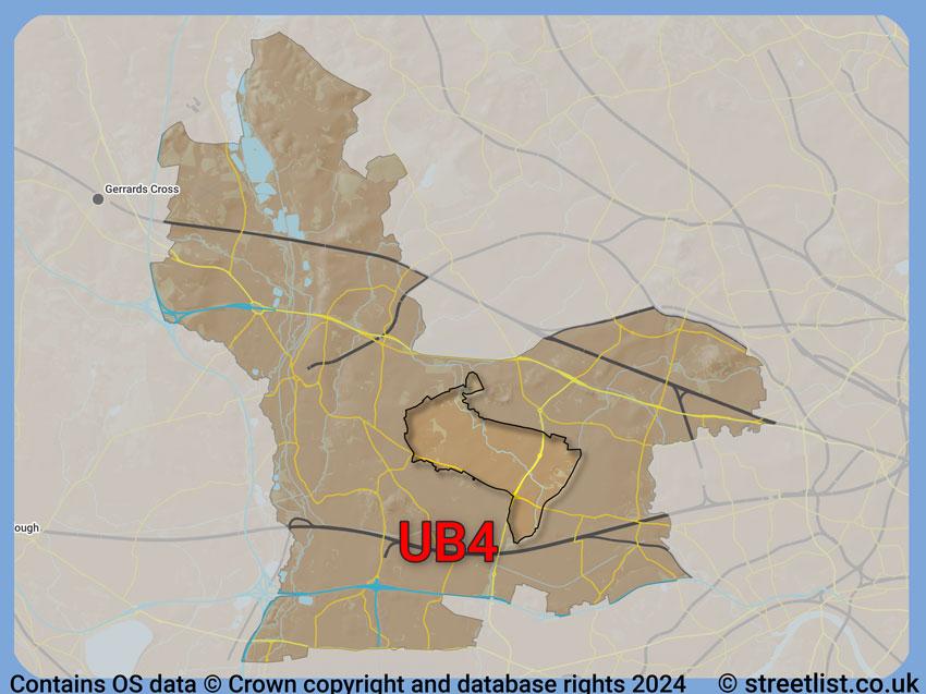 Where the UB4 postcode district lies within the wider  postcode area